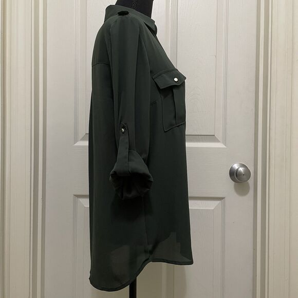 Express Portofino Button Down Top Green Chiffon Roll Tab Sleeve V-Neck Medium - Picture 4 of 9